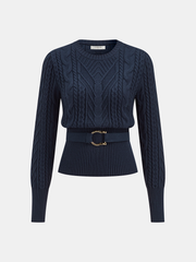 Cinched Waist Belted Cable Knit Top
