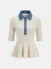 Denim Panel Wool-Blend Peplum Knit Top
