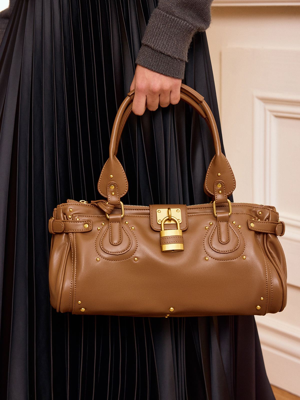 Lock Detail Studded PU Leather Top Handle Bag