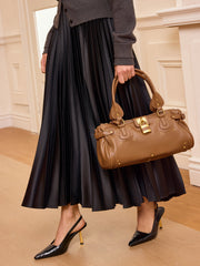 Lock Detail Studded PU Leather Top Handle Bag