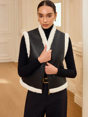 Shearling Trim Zip-Up Faux Leather Vest