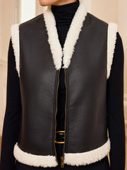 Shearling Trim Zip-Up Faux Leather Vest
