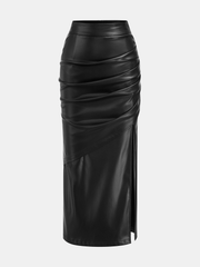 Faux Leather Slit Ruched Maxi Skirt