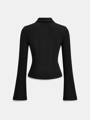 Flared Sleeve Polo Neck Fitted Top