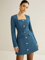 Square-Neck Belted Metal Button Mini Dress