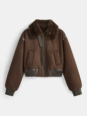 Faux Leather Trim Shearling Jacket