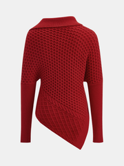 Asymmetric Textured Knit Polo Sweater