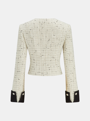 Contrast Cuff Pearl Button Tweed Jacket