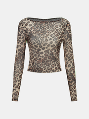 Sheer Mesh Leopard Print Long-Sleeve Top
