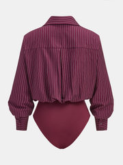 Pinstripe Cross-Front Collared Bodysuit