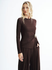 Metal Detail Top and Wide-Leg Pants Set