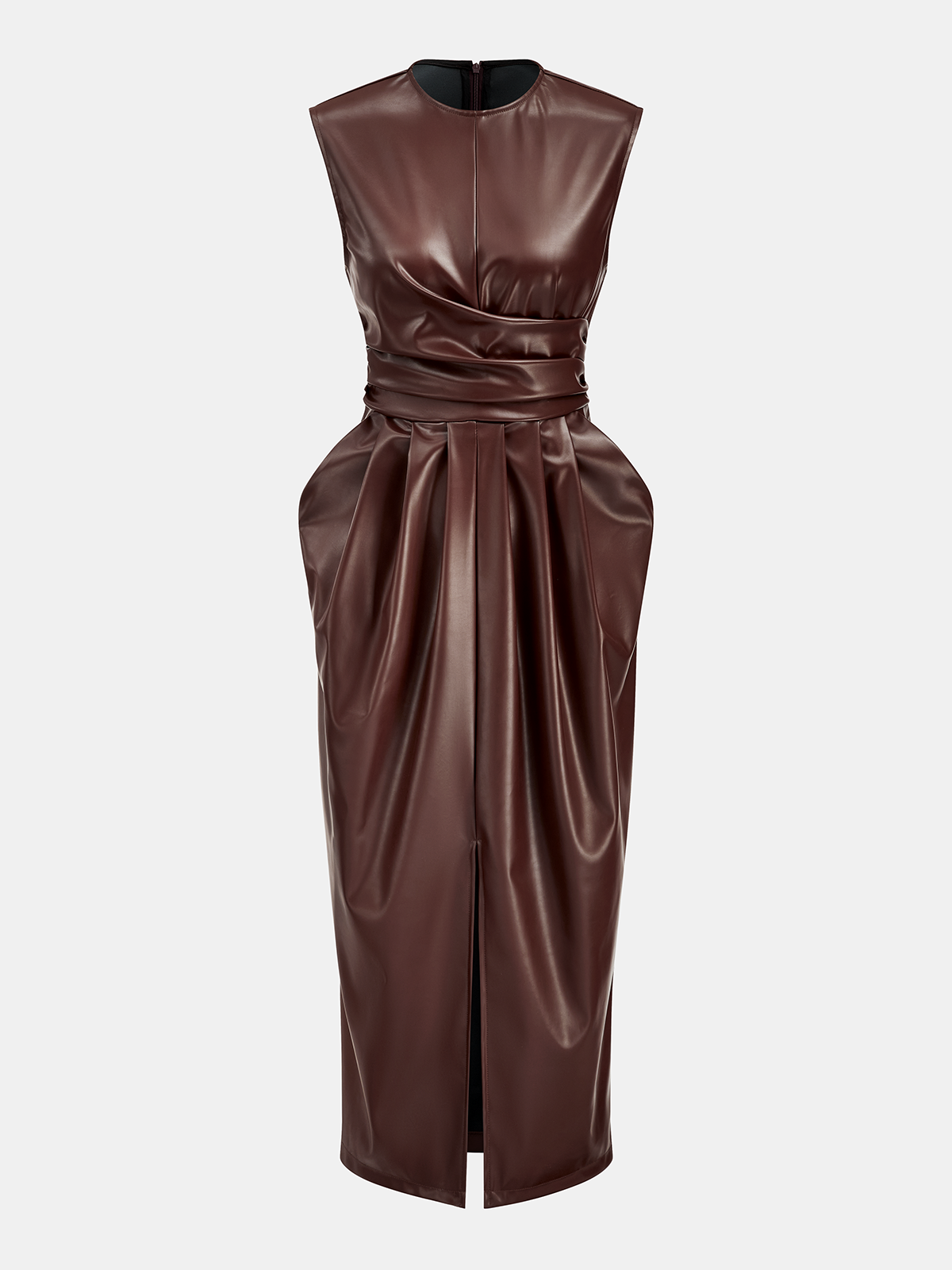 Sleeveless Slit PU Leather Draped Midi Dress