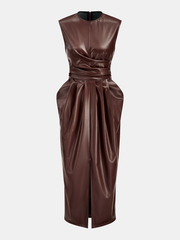 Sleeveless Slit PU Leather Draped Midi Dress