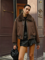 Faux Leather Trim Shearling Jacket