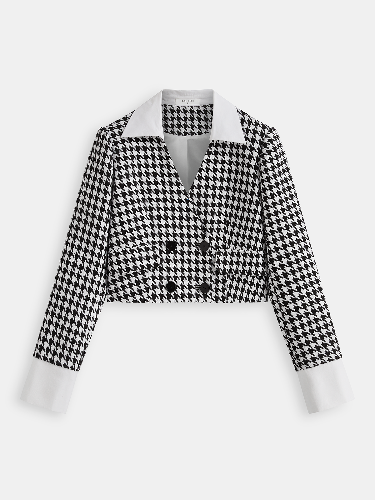 Contrast Collar Houndstooth Tweed Jacket