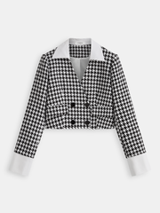 Contrast Collar Houndstooth Tweed Jacket