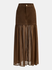 Semi-Sheer Mesh Panel Suede Effect Maxi Skirt