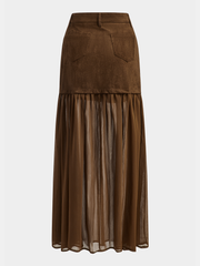 Semi-Sheer Mesh Panel Suede Effect Maxi Skirt