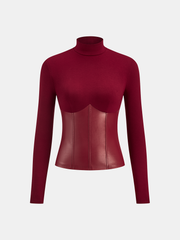 Faux Leather Corset Paneled Mock Neck Top