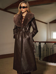 Faux Fur Collar Faux Leather Long Coat
