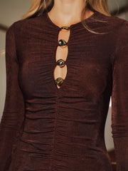 Metal Detail Long-Sleeve Ruched Maxi Dress