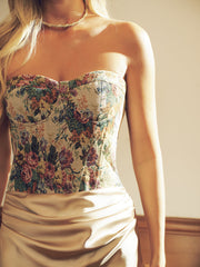 Satin Skirt Panel Floral Corset Maxi Dress