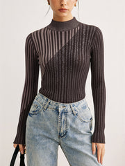 Wool Blend Two-Tone Mock Neck Knit Top