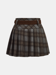 Belted Plaid Pleated Mini Skirt