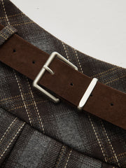 Belted Plaid Pleated Mini Skirt
