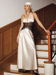 Lace Paneled Satin Halter Backless Maxi Dress