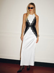 Lace Paneled Satin Backless Maxi Dress