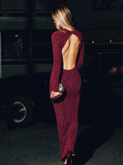 Backless Glitter Knit Bodycon Maxi Dress