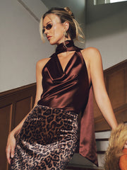 Satin Cowl Neck Halter Backless Top