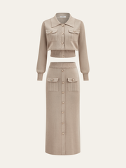 Metal Button Collared Cardigan and Midi Skirt Set