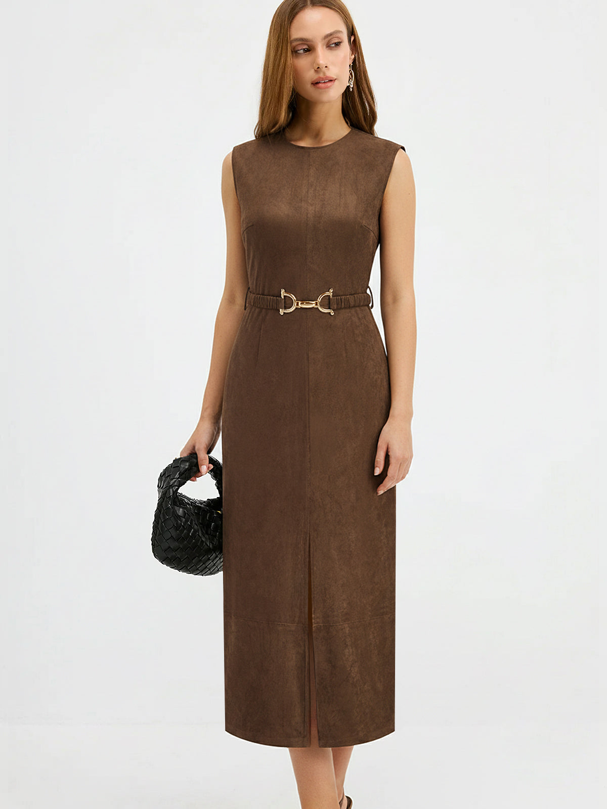 Belted Suede Effect Sleeveless Midi Dress