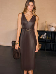Faux Leather Sleeveless Midi Dress