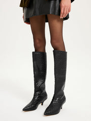 Woven PU Knee-High Kitten Heel Boots