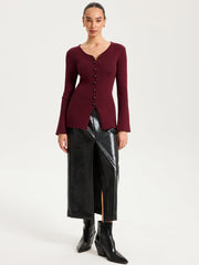 Button-Front Ribbed Knit Top