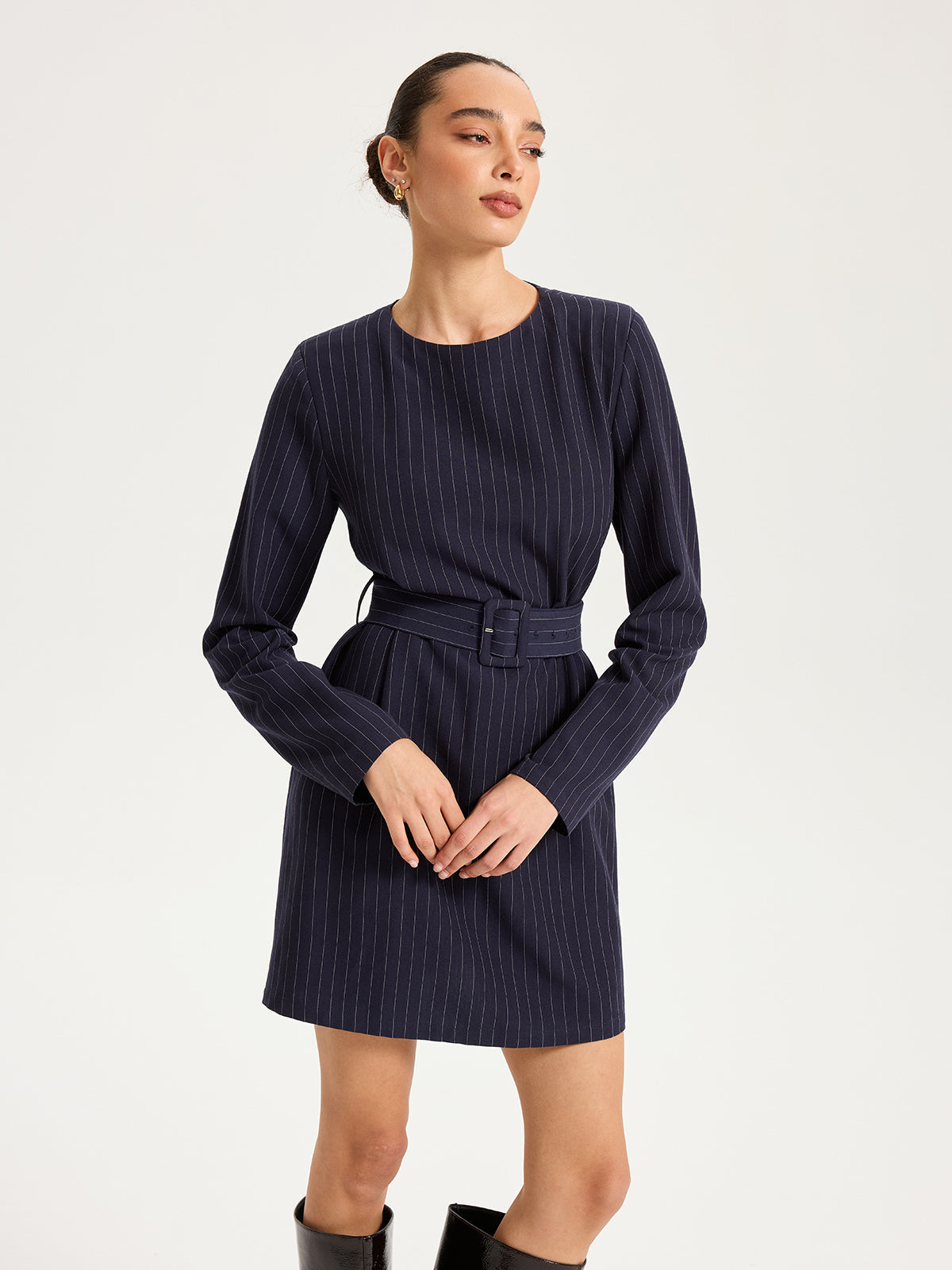 Long Sleeve Pinstripe Belted Mini Dress