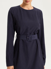 Long Sleeve Pinstripe Belted Mini Dress