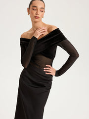 Mesh Paneled Velvet Off-Shoulder Long Sleeve Top