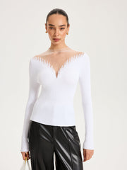 Sheer Mesh Panel Ribbed Knit Top