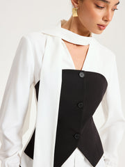 2 in 1 Contrast Panel Tie-Neck Blouse