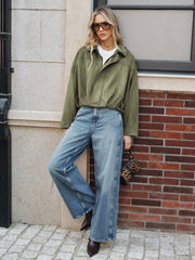 Suede Effect Zip-Up Collared Jacket