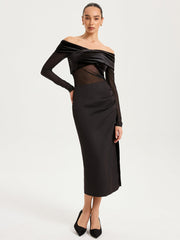 Mesh Paneled Velvet Off-Shoulder Long Sleeve Top