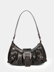Vintage Faux Leather Buckle-Accent Hobo Bag