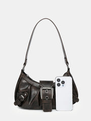 Vintage Faux Leather Buckle-Accent Hobo Bag