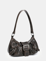 Vintage Faux Leather Buckle-Accent Hobo Bag