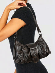 Vintage Faux Leather Buckle-Accent Hobo Bag
