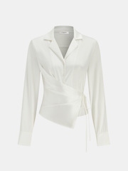Lapel Collar Tie Satin Wrap Shirt